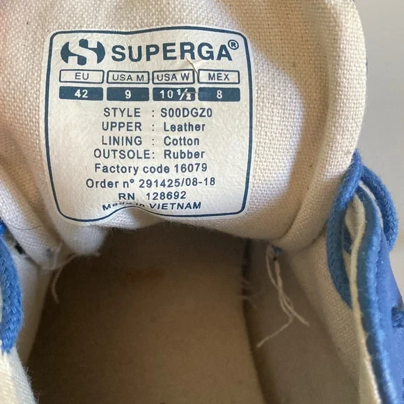 Superga Blue Leather Casual Sneakers Size 42Men’s 9 Womens 10.5 Lace Up Shoes